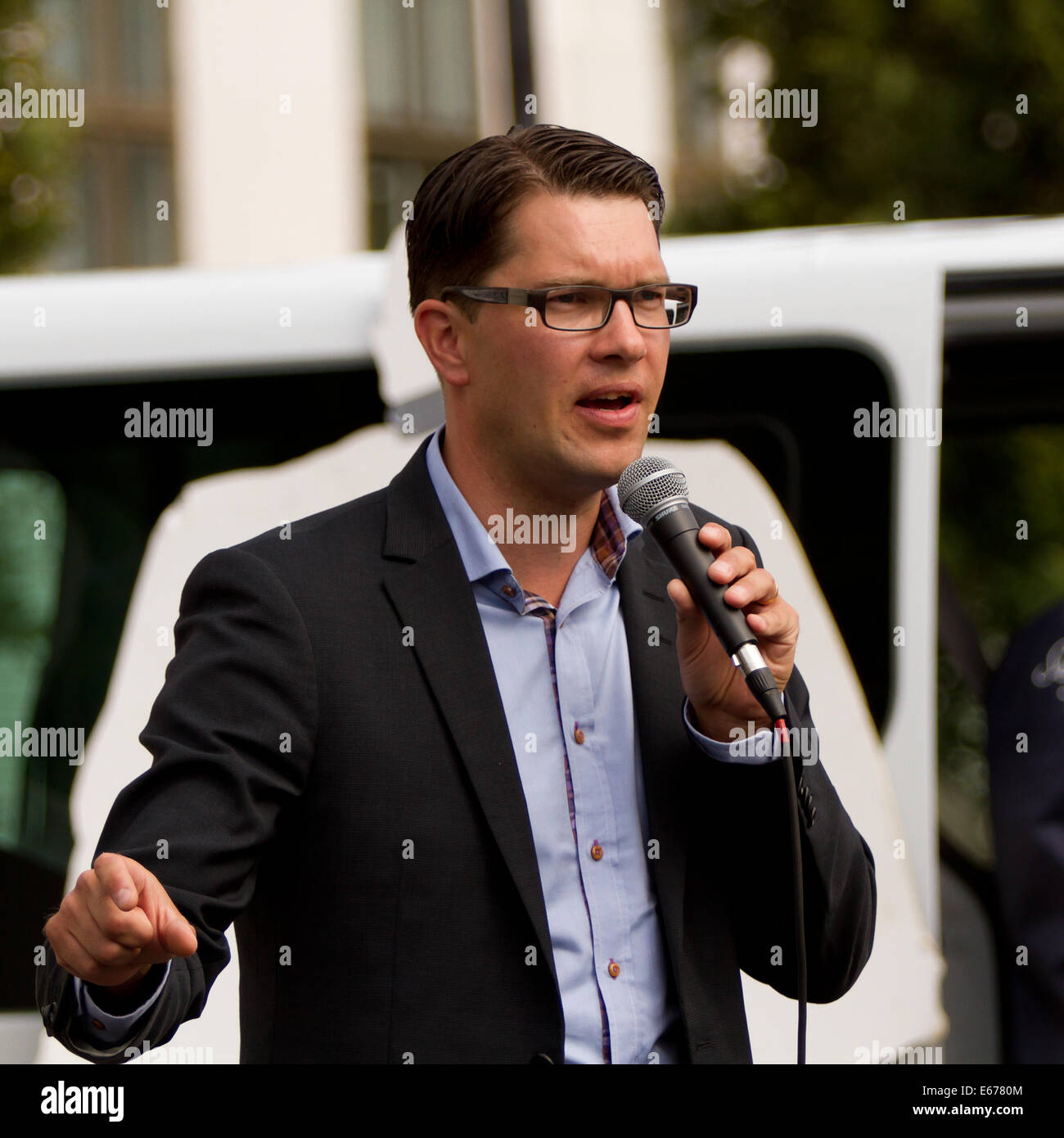 Jimmie Åkesson, leader of the Swedish party Sverigedemokraterna, holding an election speech Stock Photo