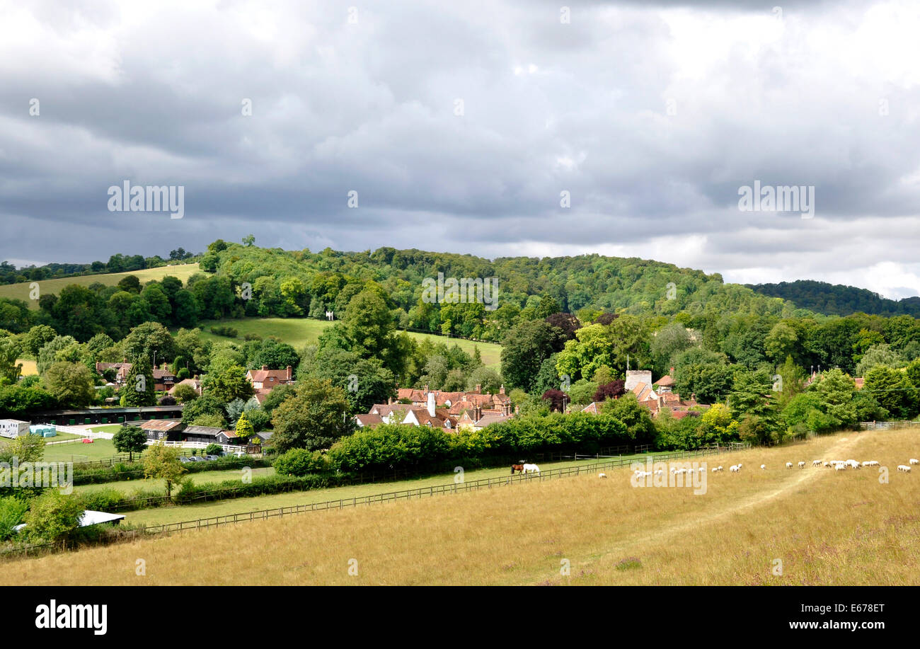 Bucks - Chiltern Hills - view over meadow to Turville village - cottage rooftops - church tower - wodded hills beyond - sunlight Stock Photo