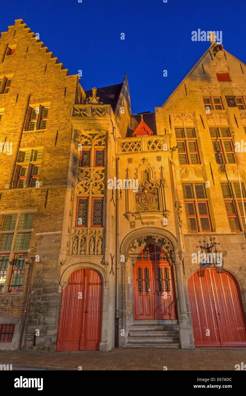 Bruges - Jan van Eyck birth house in evening dusk. Stock Photo