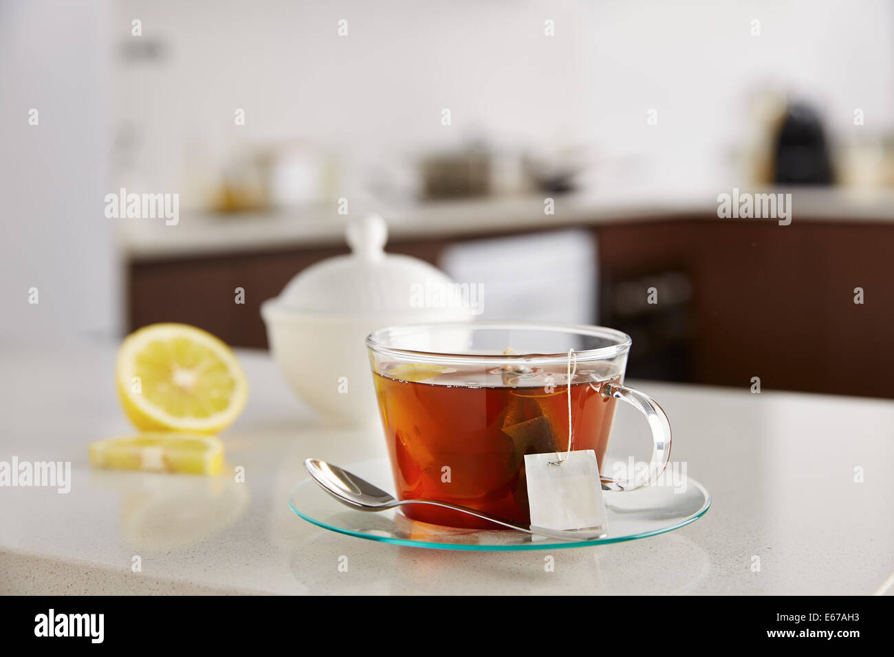 Glass cup of tea on kitchen counter Stock Photo Alamy