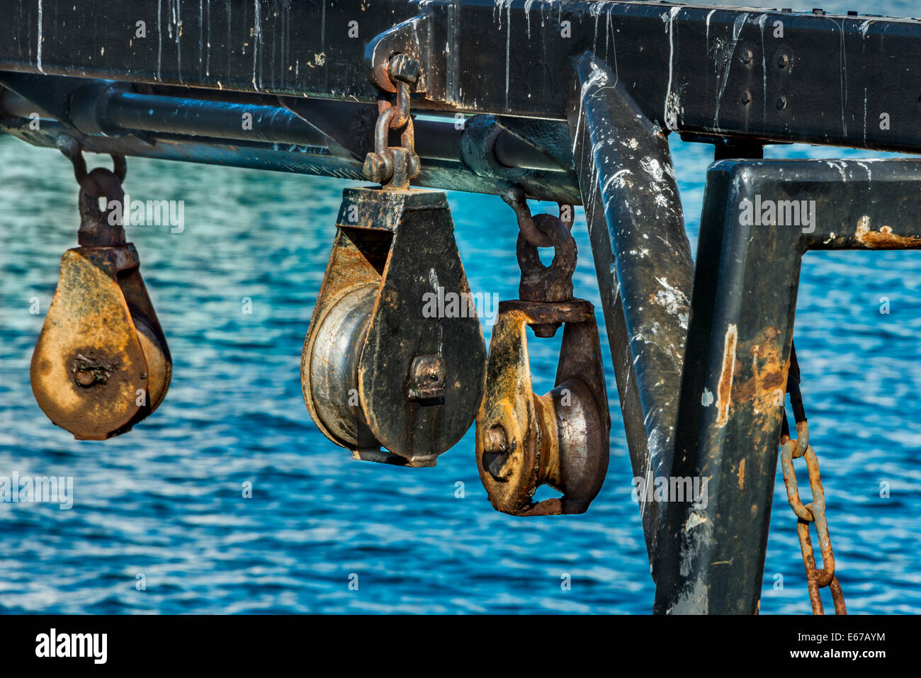 close up of pulley system on old fishing boat Eden Harbour, Eden South