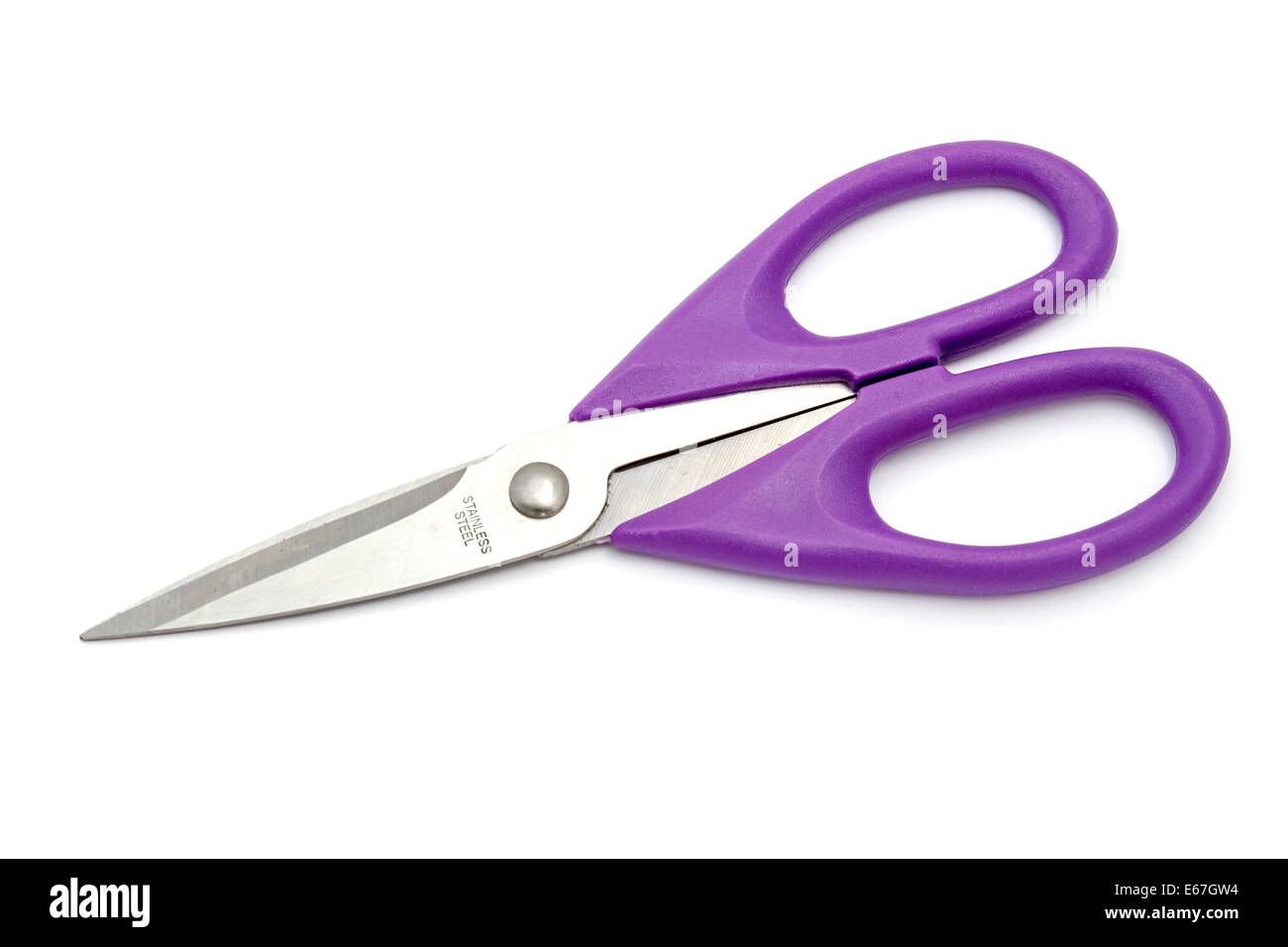 Purple scissors isolated on white background Stock Photo