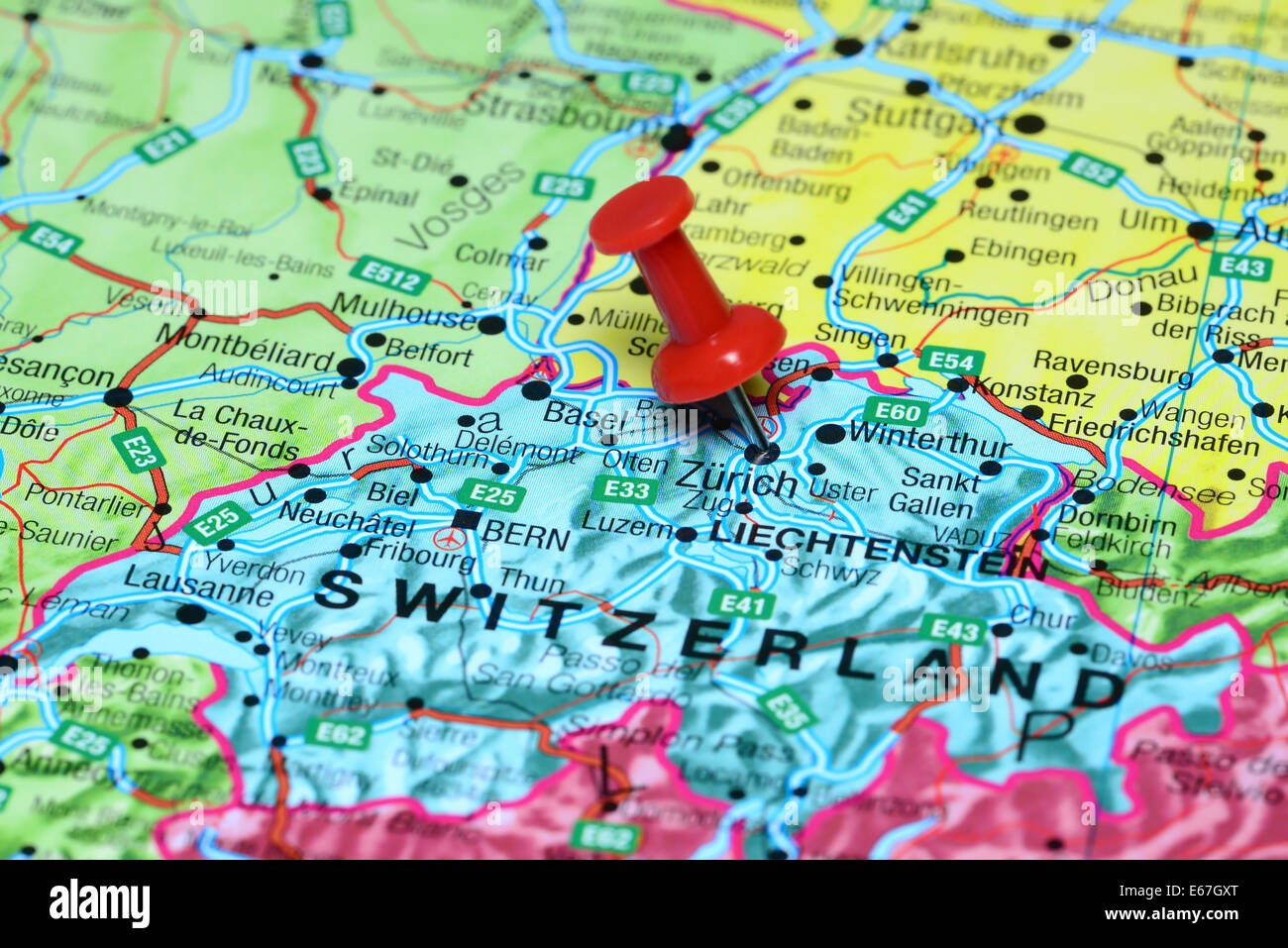 Zurich pinned on a map of europe Stock Photo