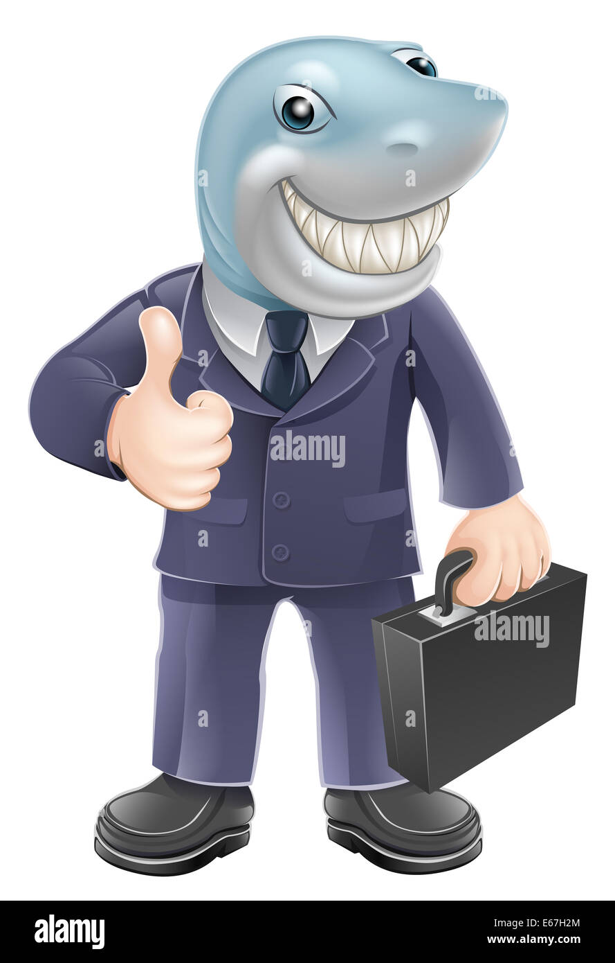 An illustration of a shark business man giving a thumbs up. Concept for unscrupulous or dangerous business person. Stock Photo