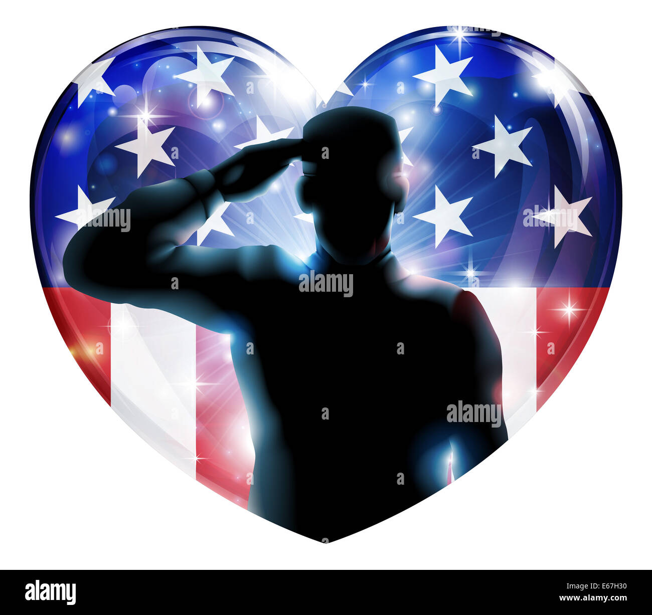 Illustration of a heart shape Veterans Day or 4th July Independence Day of a soldier saluting in front of American flag Stock Photo