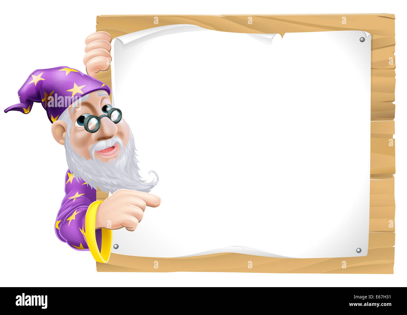 Friendly cartoon wizard with a beard peeking round and pointing at a blank sign Stock Photo