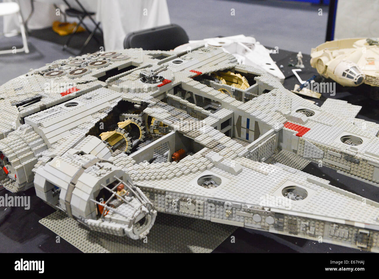 Excel, London, UK. 17th August 201. A Lego Millenium Falcon from Star Wars  made by Craig Stevens at Loncon 3 the 72nd World Science Fiction Convention  being held at the Excel in