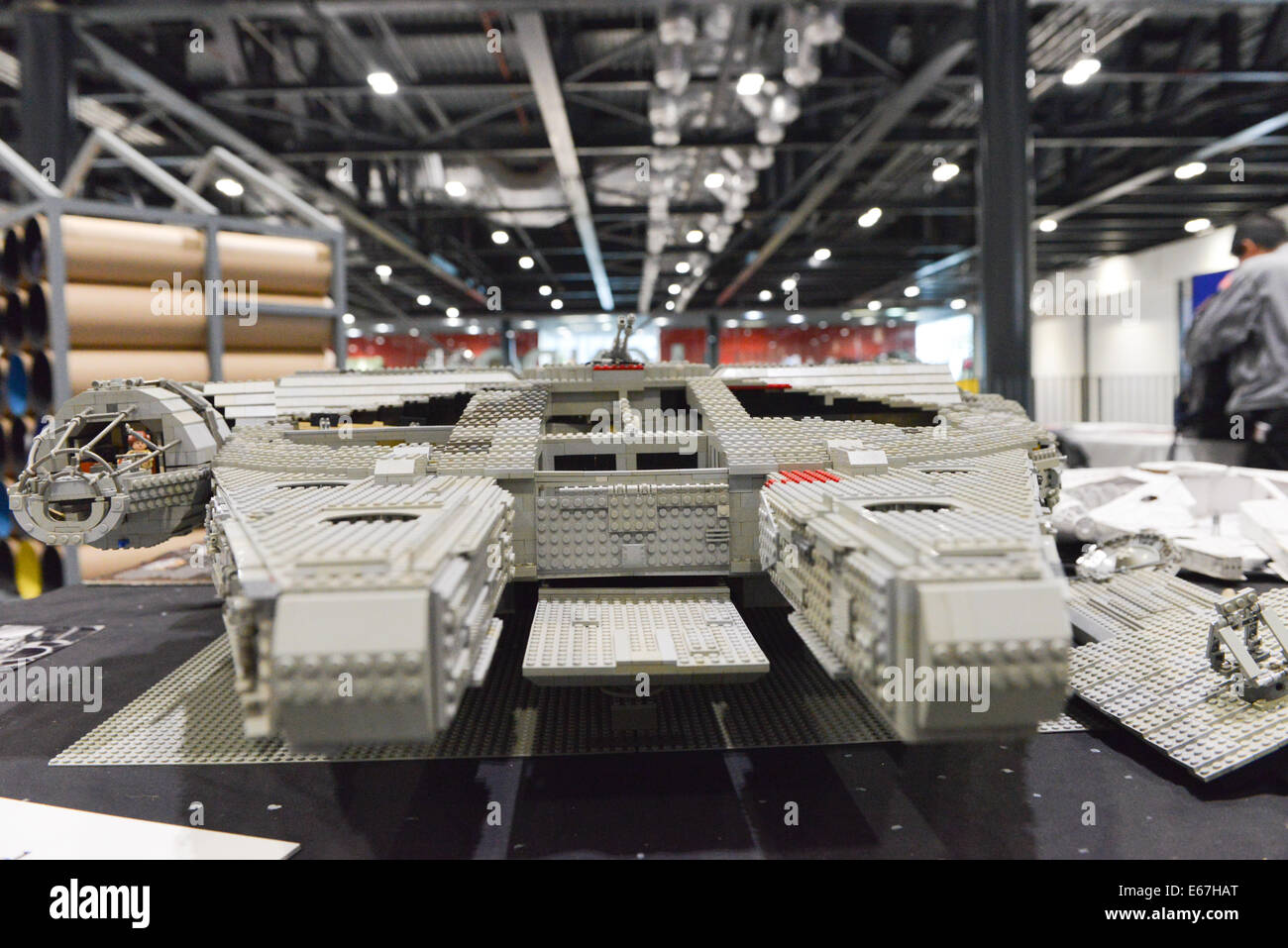Excel, London, UK. 17th August 201. A Lego Millennium Falcon from Star Wars made by Craig Stevens at Loncon 3 the 72nd World Science Fiction Convention being held at the Excel in London's Docklands Credit:  Matthew Chattle/Alamy Live News Stock Photo
