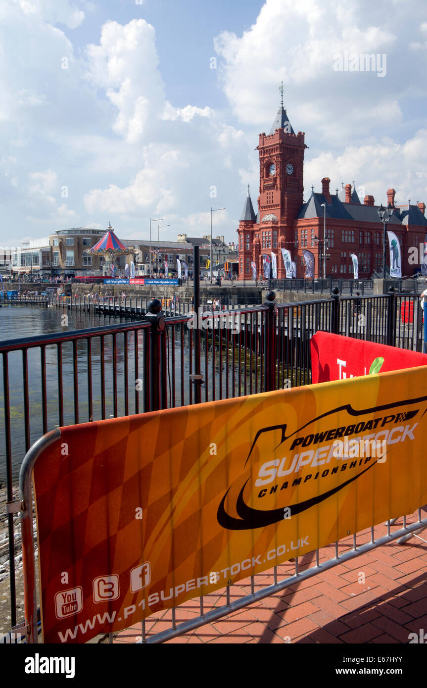 Victorian Pierhead Building and Superstock Powerboat Championship sign, Cardiff Bay, South Wales, UK. Stock Photo