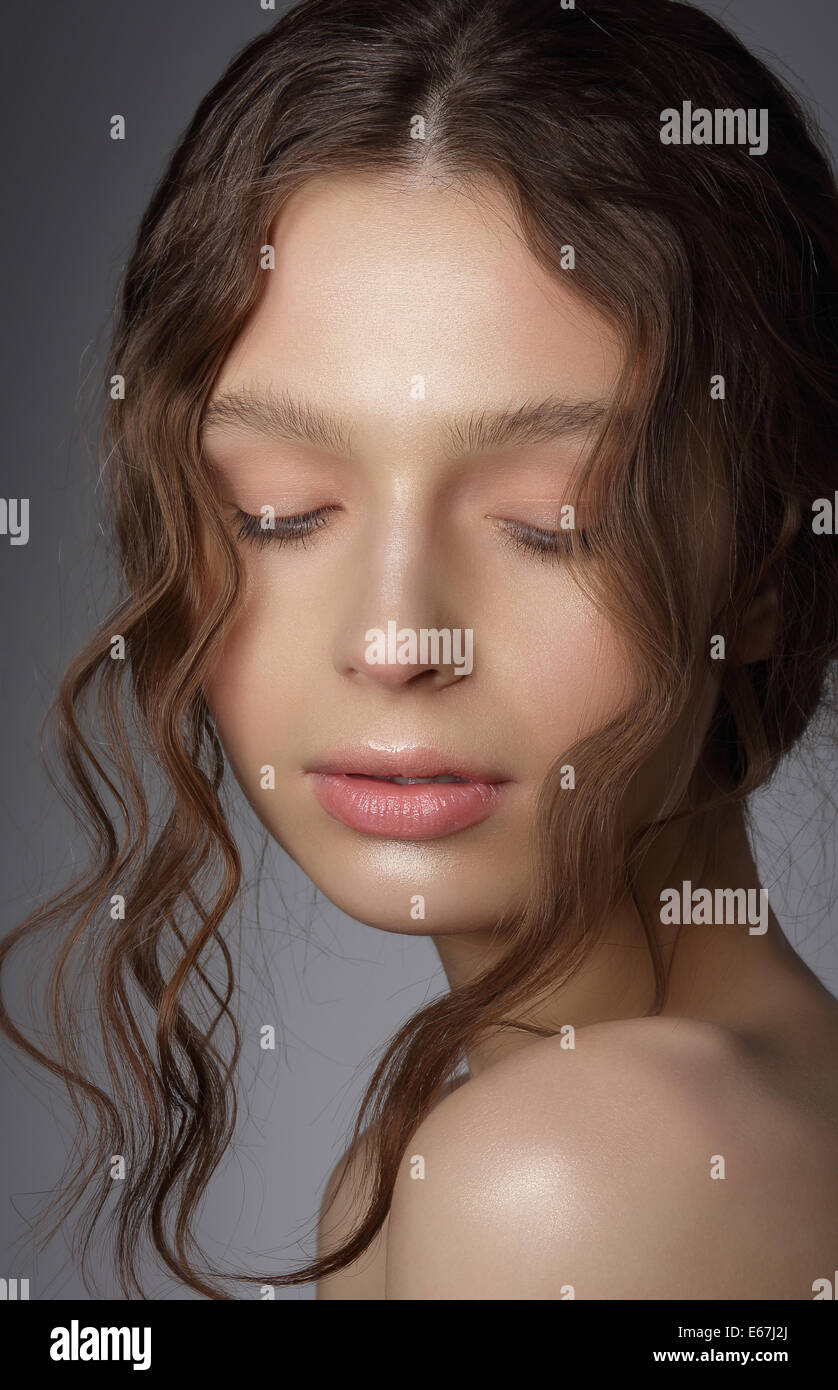 Dreamy Girl with Closed Eyes in Thoughts. Natural Clean Skin Stock