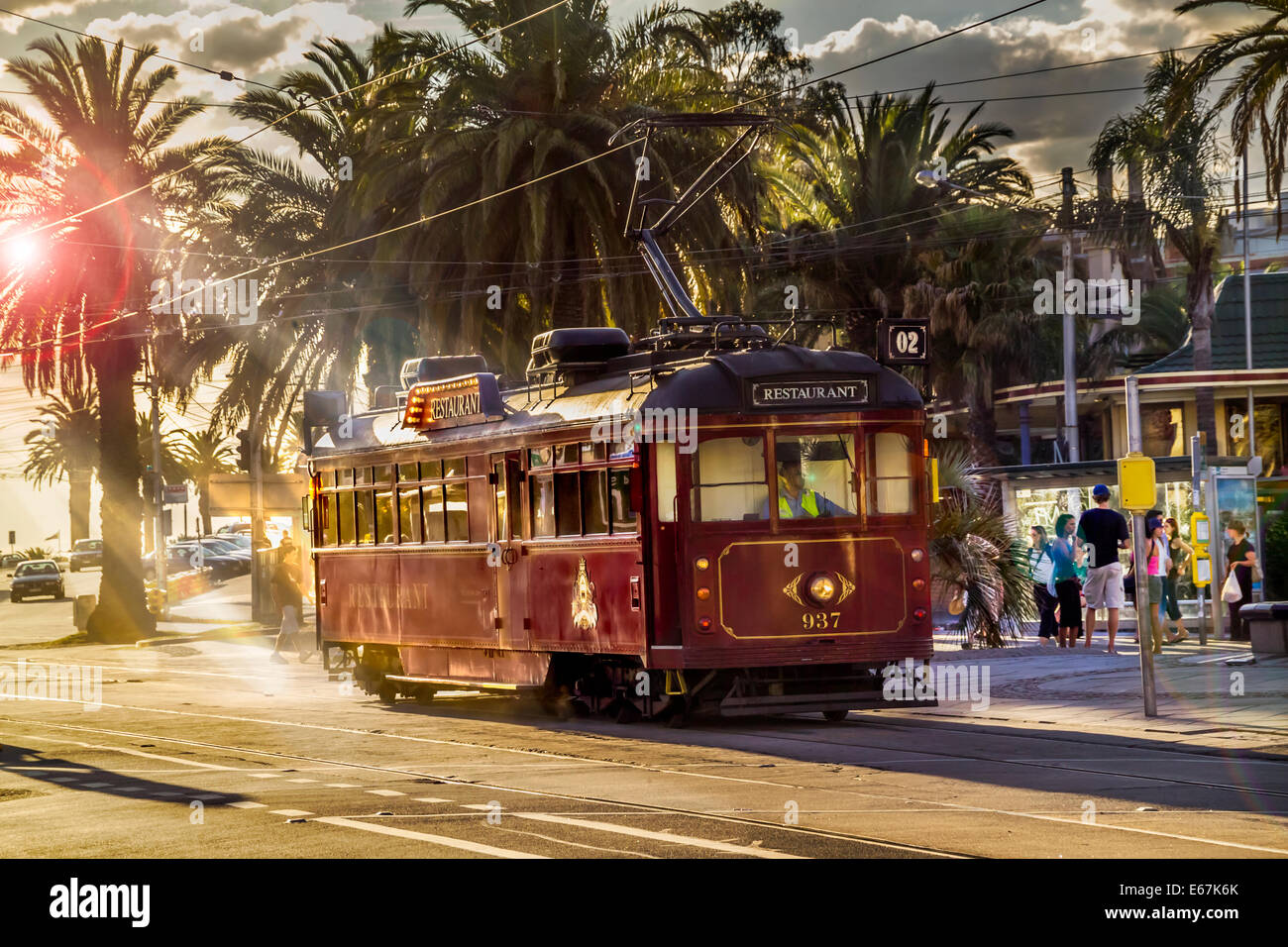 Melbourne Colonial Tramcar Restaurant, traditional iconic tram decked out as a traveling restaurant and sightseeing tour of Melbourne city, Australia Stock Photo