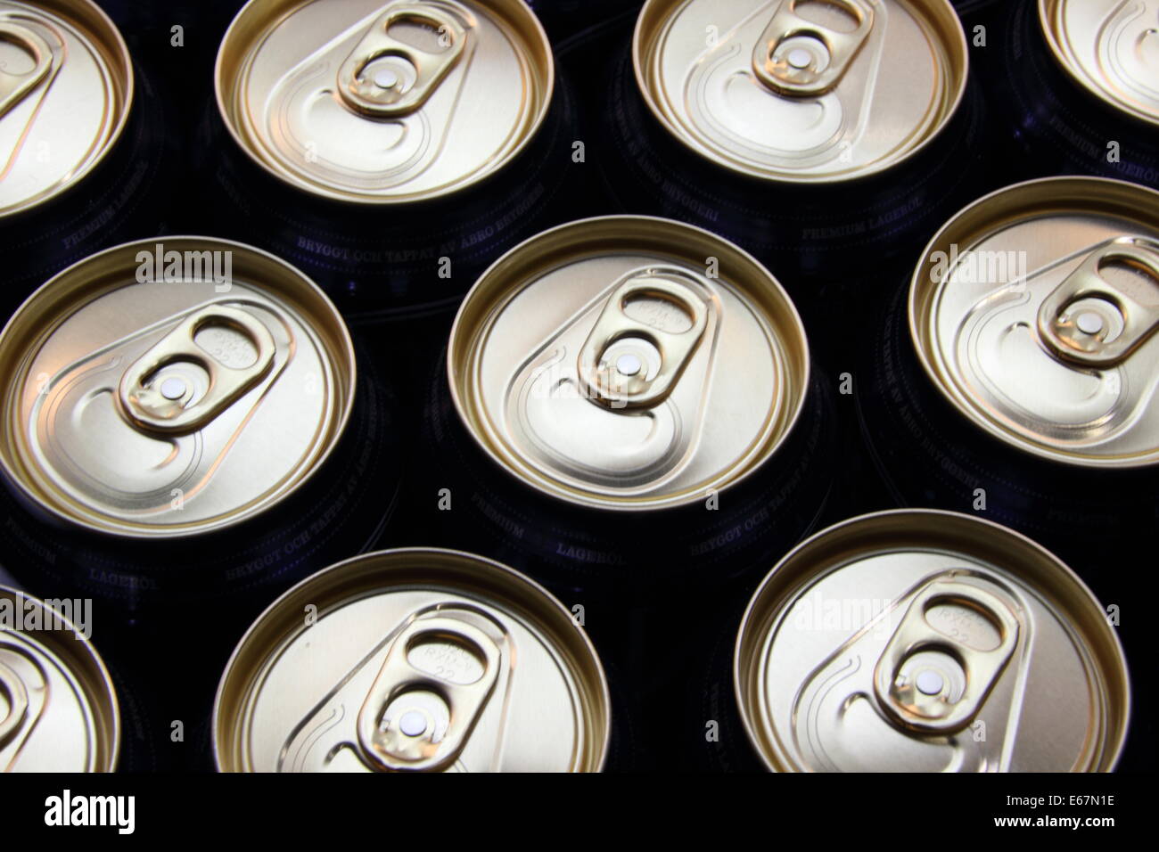 View of beer cans with silver top Stock Photo
