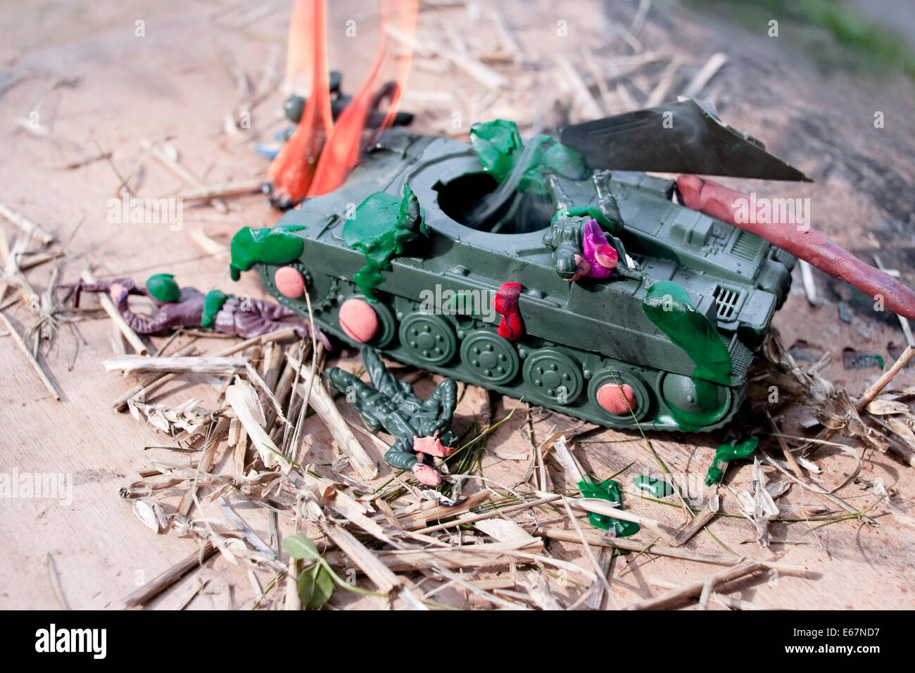 Overhead Shot of Destroyed toy tank Stock Photo