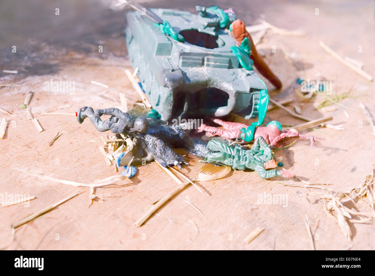 Destroyed toy tank Stock Photo