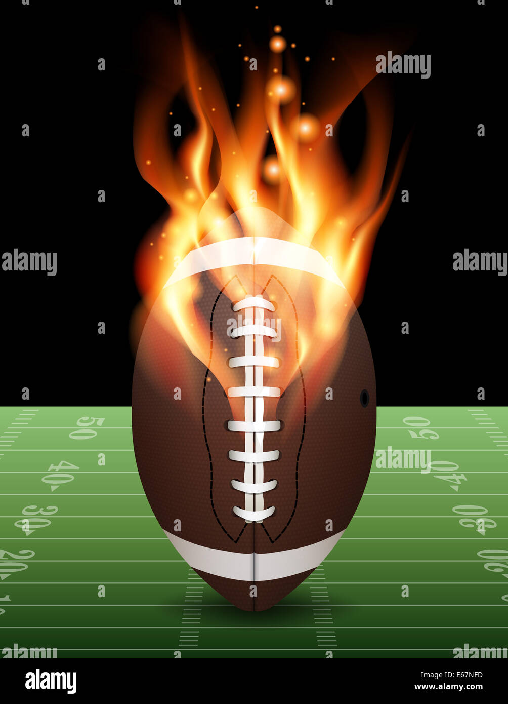 A flaming American football on field. Stock Photo