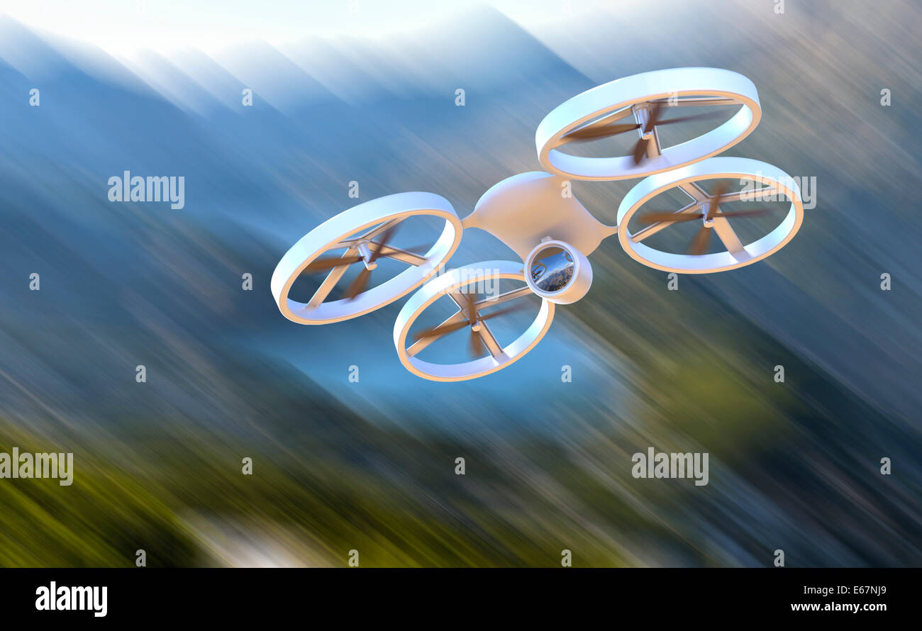 Unmanned Aerial Vehicle drone in flight Stock Photo