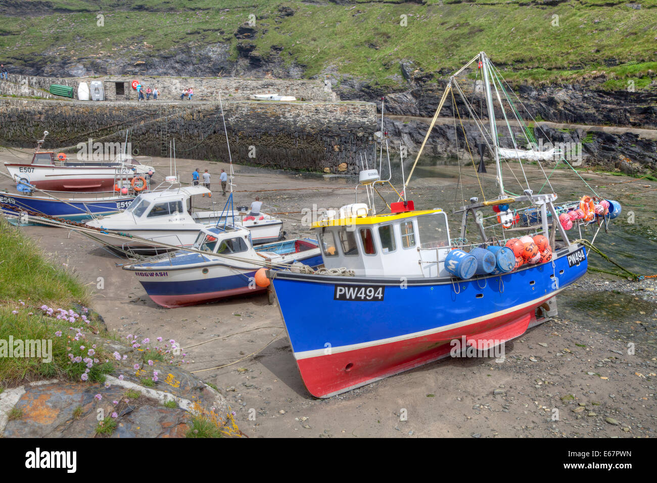 The now peacefull Boscastle Harbour with its Fishing Boats at rest. Stock Photo