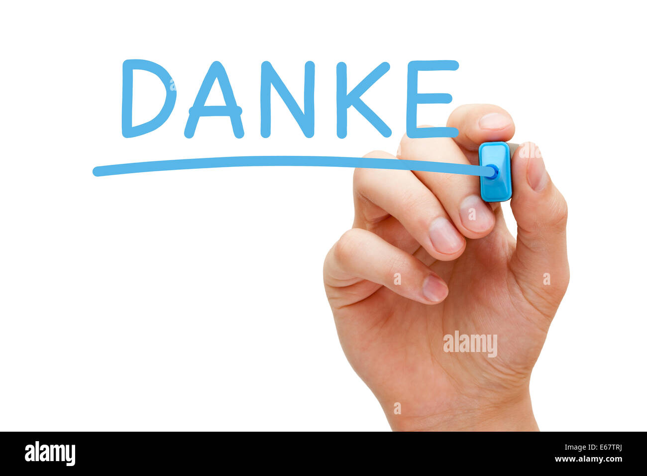 Hand writing Danke with blue marker on transparent wipe board. Thank you in German. Stock Photo