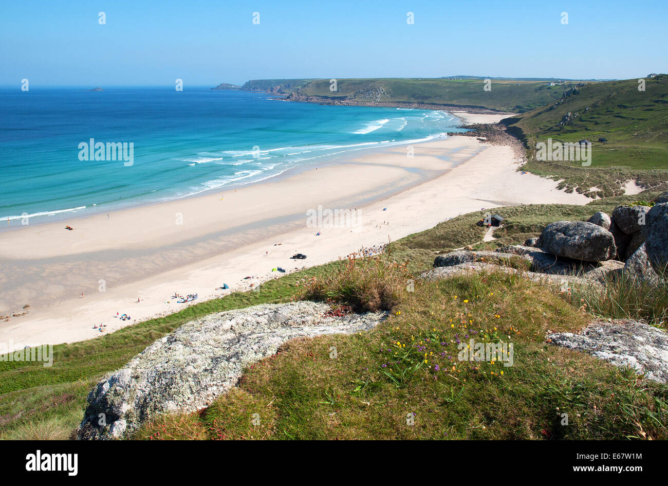 The wide sandy beach at whitesands bay in sennen cove, cornwall, uk ...