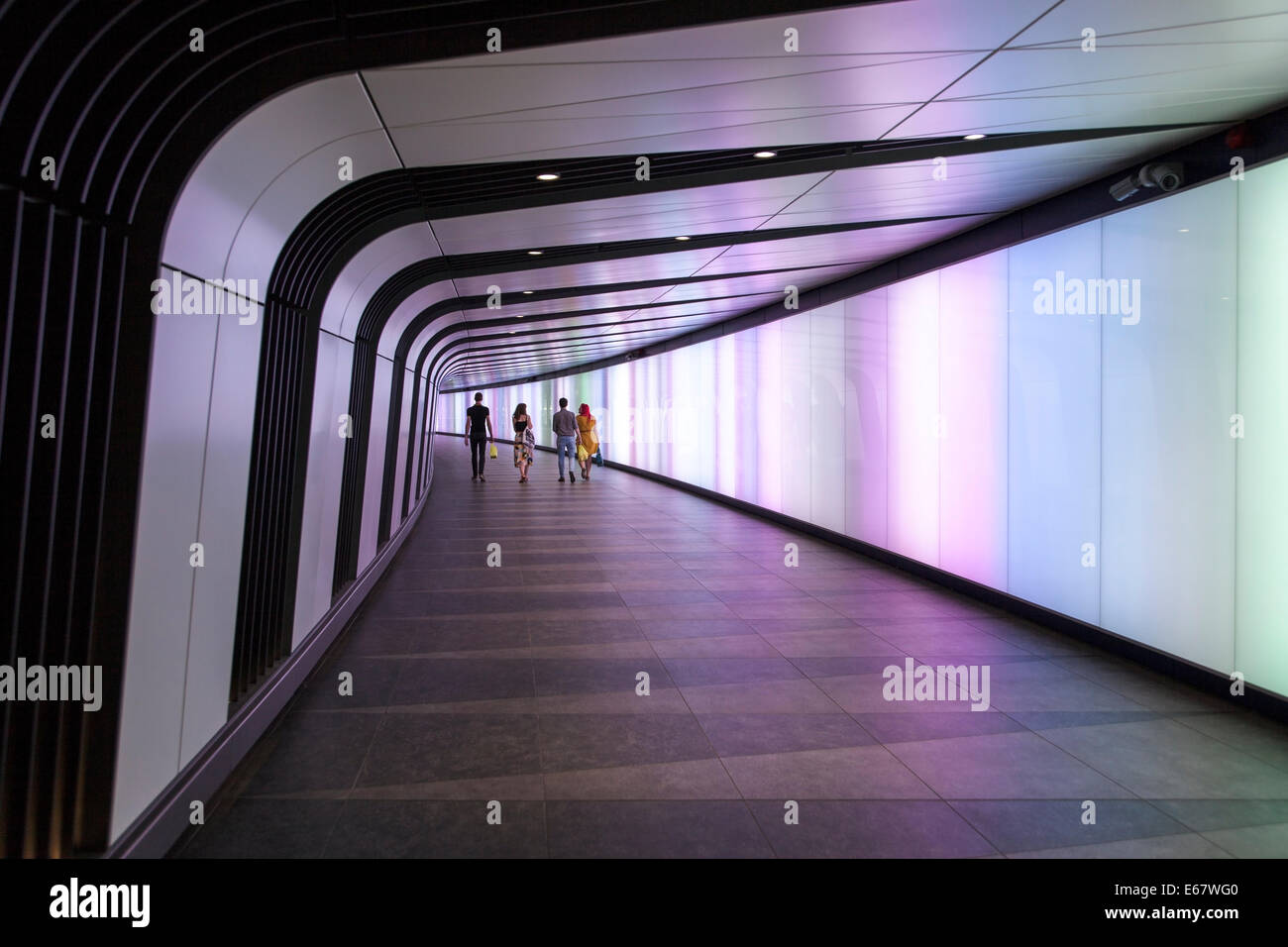 New pedestrian tunnel with integrated lightwall at King’s Cross Stock Photo