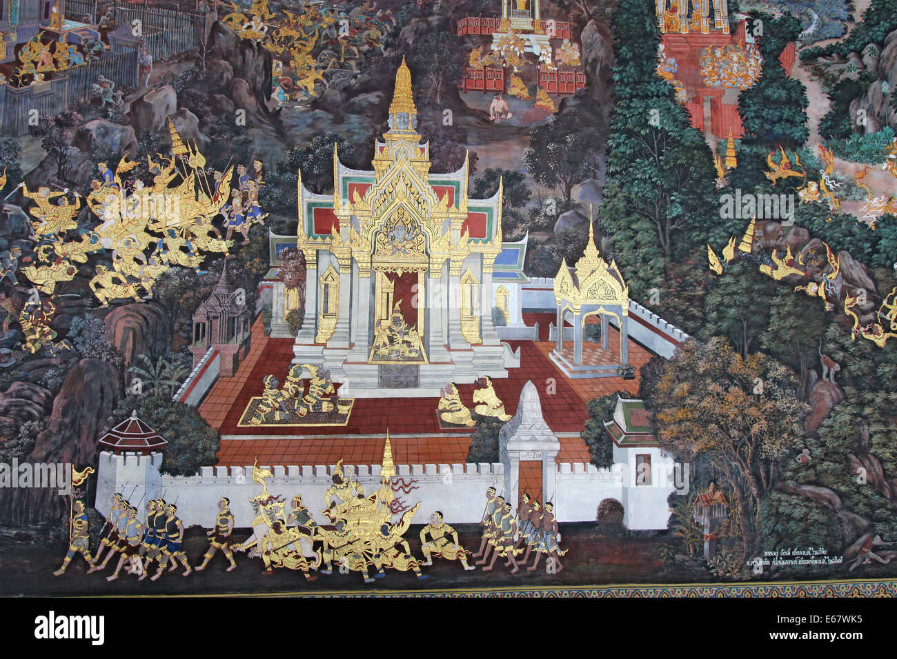 Part of the mural in the Ramakien Cloisters at Wat Phra Kaew in the Grand Palace complex in Bangkok, Thailand Stock Photo