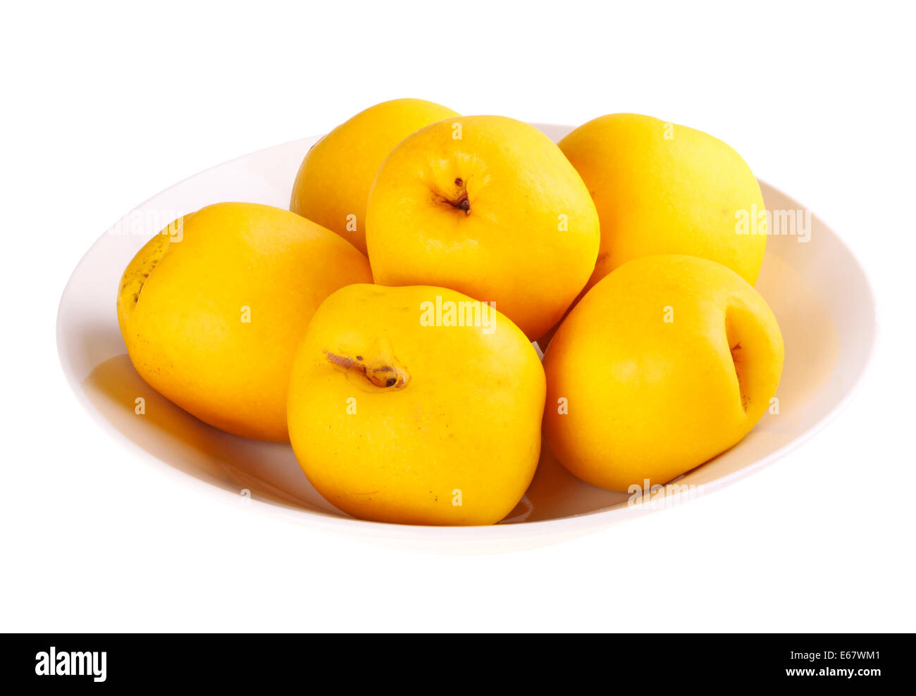 Bowl of yellow, ripe fruit of the flowering or Japanese quince (Chaenomeles hybrids) isolated against a white background Stock Photo