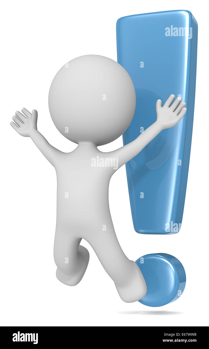 The Dude jumping in front of exclamation mark. Blue isolated. Stock Photo