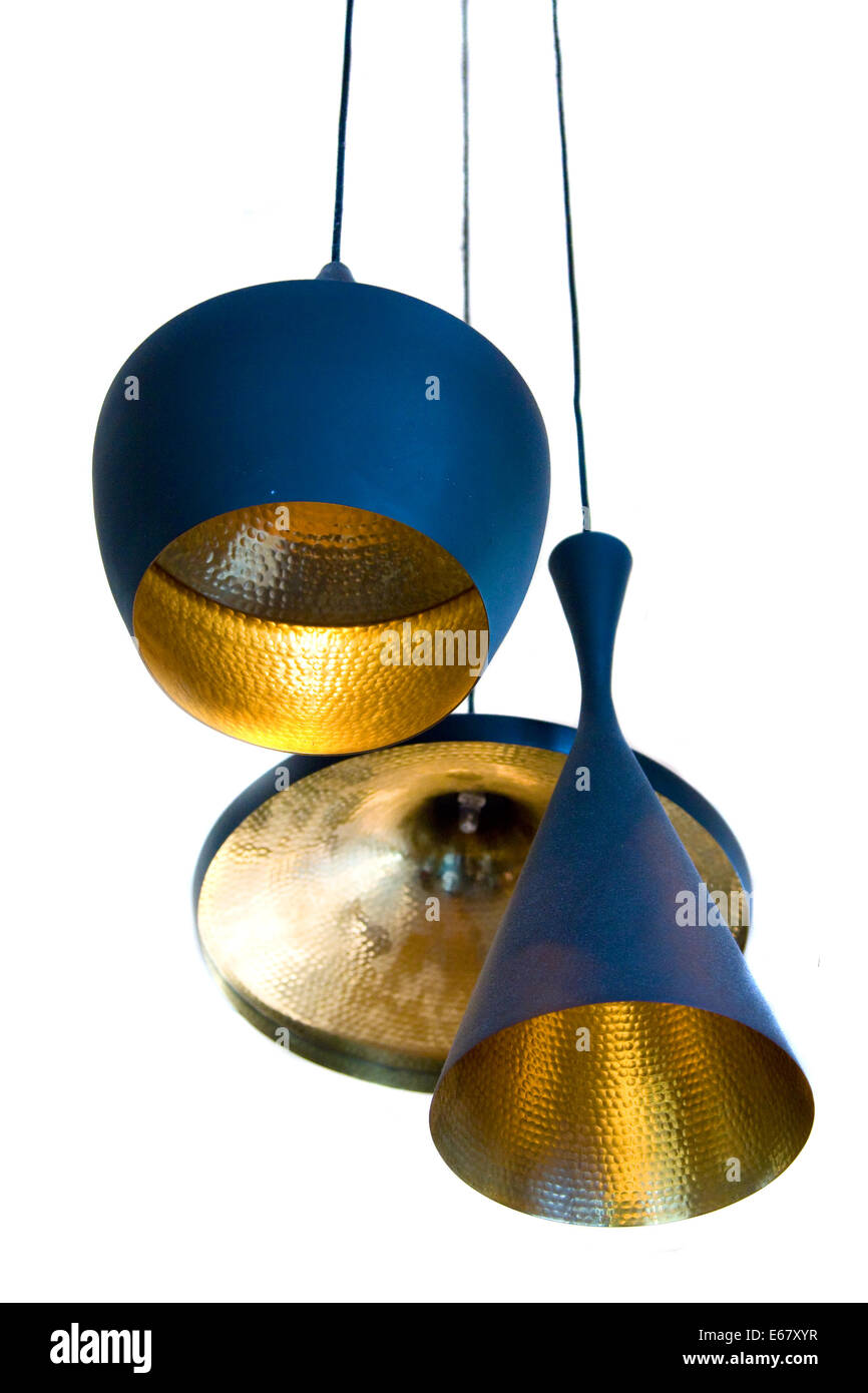 lamp shades hanging from the ceiling isolated on white Stock Photo Alamy