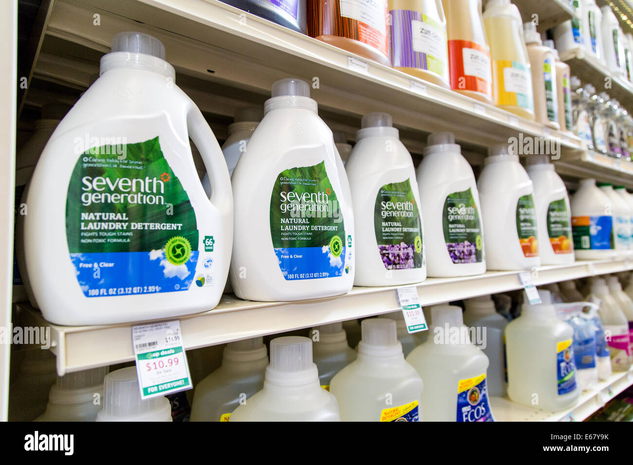 A display of Seventh Generation natural laundry detergent on the shelf of a natural food store. Stock Photo