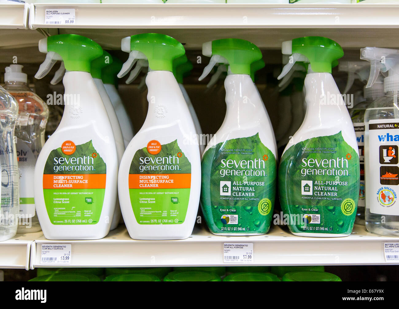 A display of Seventh Generation cleaners on the shelf of a natural food store. Stock Photo