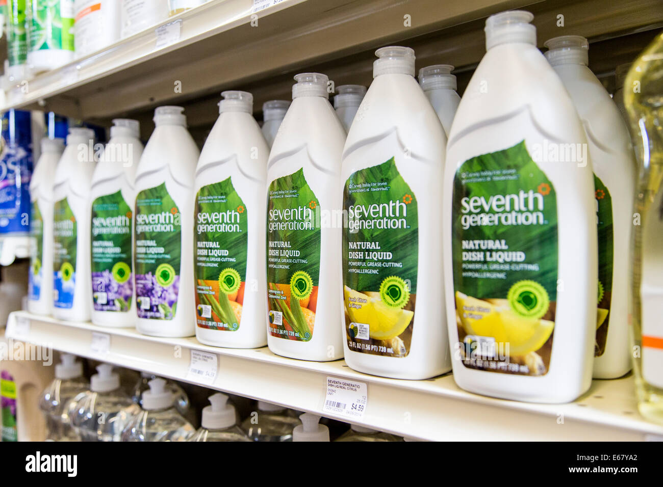 A display of Seventh Generation natural dish soap on the shelf of a natural food store. Stock Photo