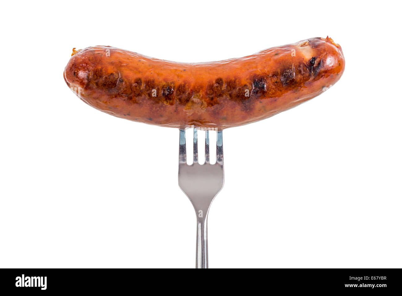 Grilled Sausage on a fork isolated on white background Stock Photo Alamy