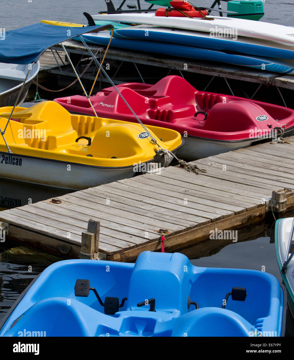 Paddle boats for rental by tourists in Lake Placid. Stock Photo