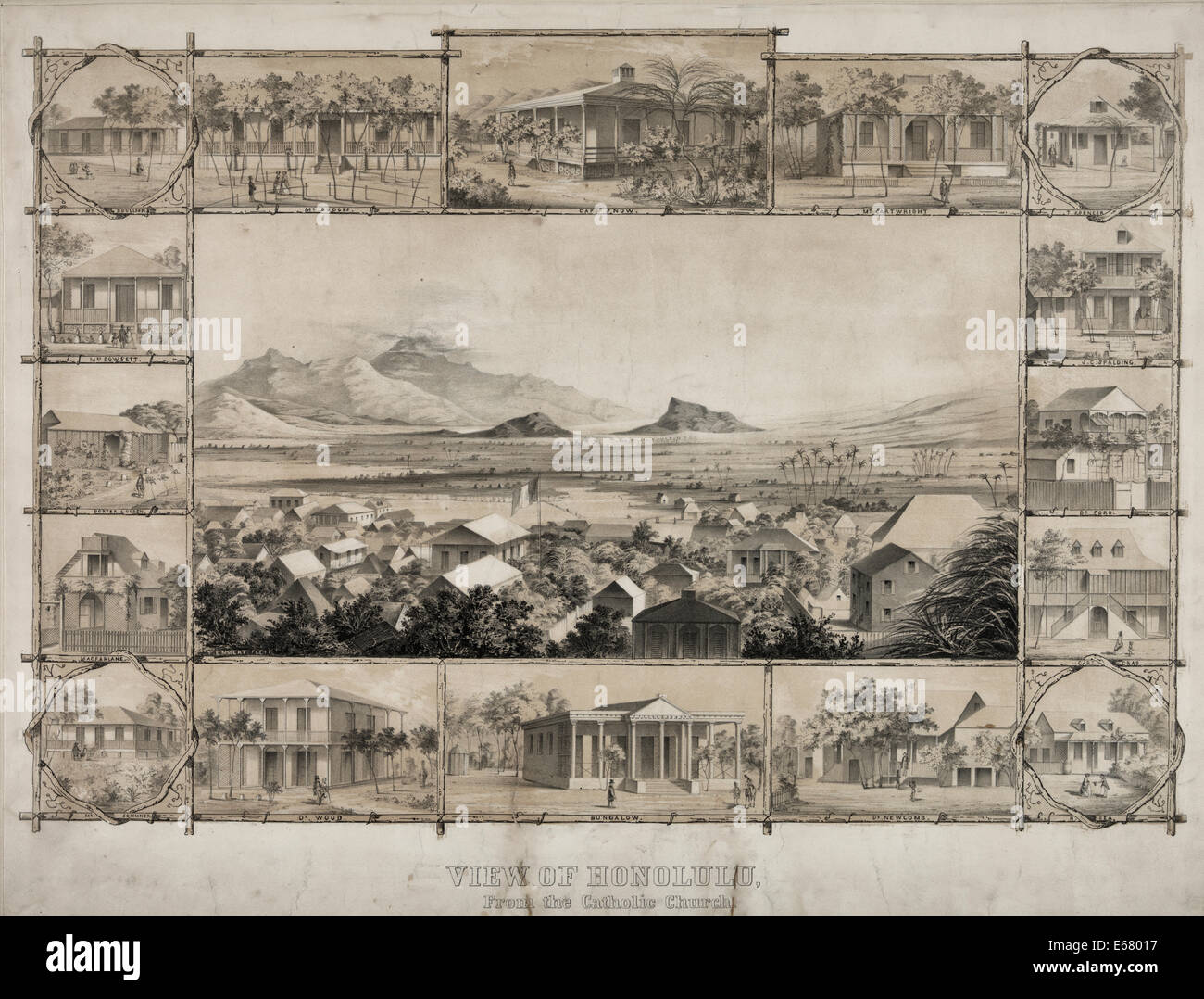 View of Honolulu, from the Catholic Church, circa 1854. Views of homes and residences: Mr. Boullion, Mr. Dudois, Capt. Snow, Mr. Cartwright, T. Spencer, J.C. Spalding, Dr. Ford, Capt. Crab, H. Sea, Dr. Newcomb, Dr. Wood, Mr. Sommer, Macfarlane, Porter & Ogden, Mrs. Dowsett. Stock Photo