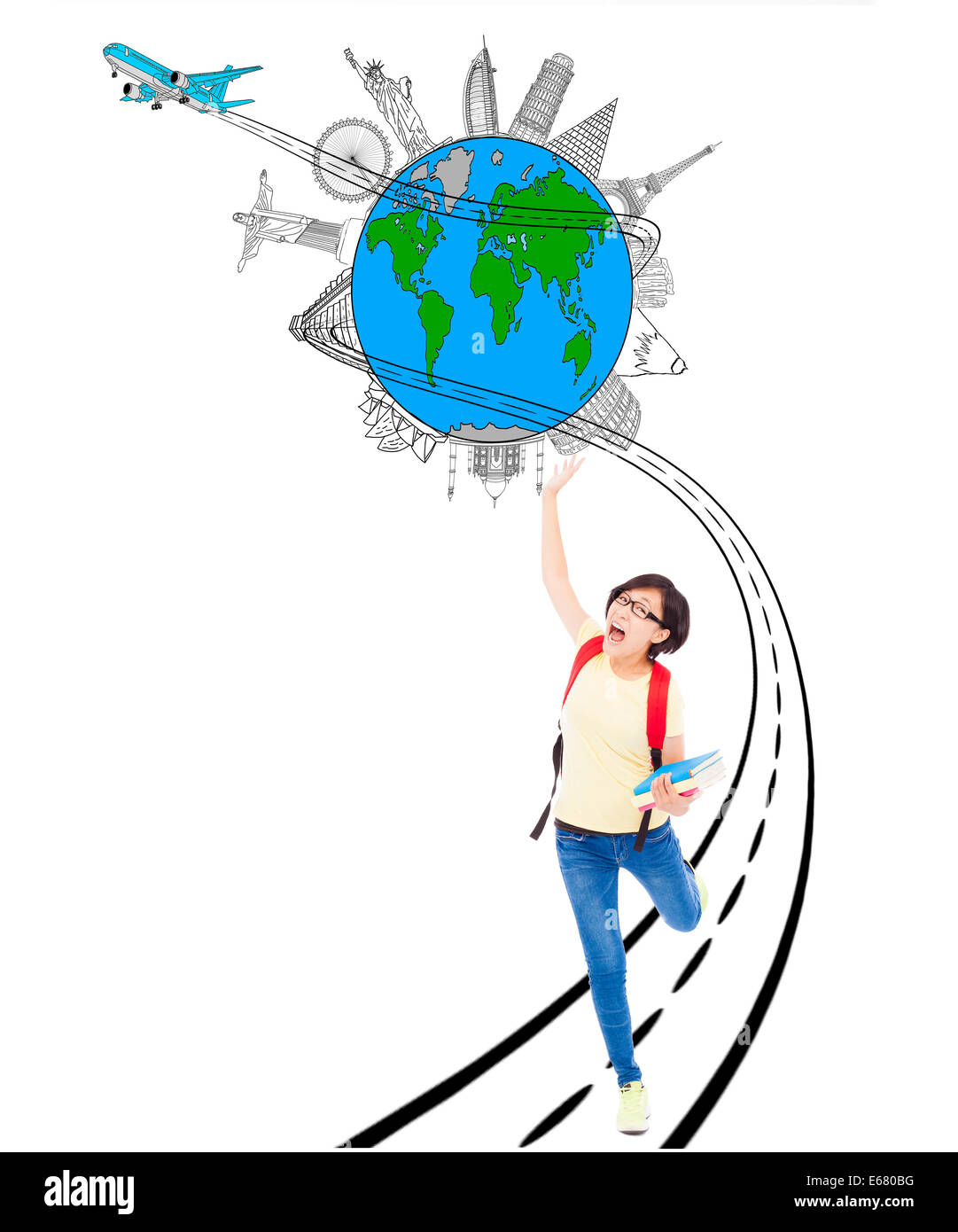 young student girl with  travel worldwide background Stock Photo