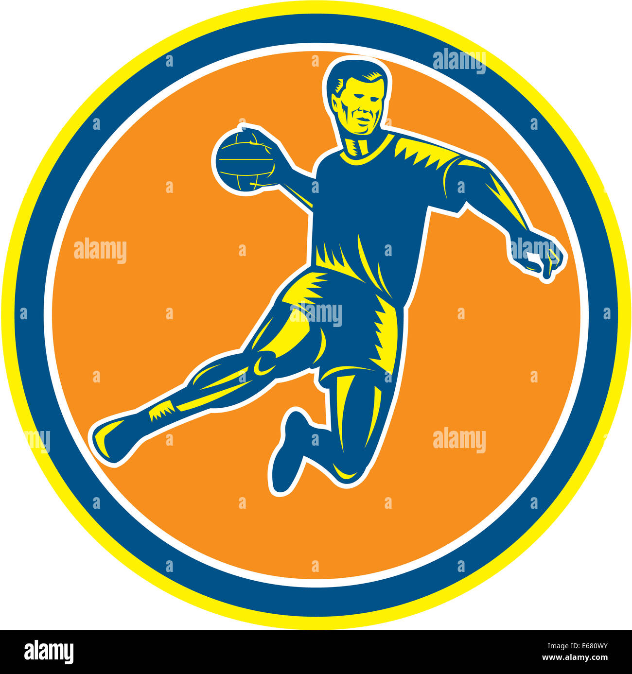 Illustration Of A Handball Player Jumping Throwing Ball Scoring Set Inside Circle On Isolated Background Done In Retro Woodcut Style Stock Photo Alamy