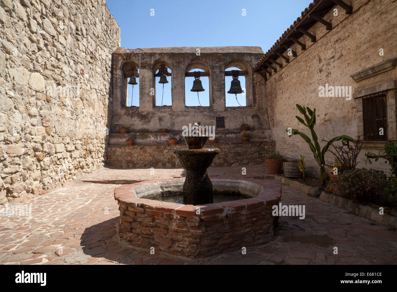 Sacred garden inside the bell wall in the Mission San Juan Capistrano, California, USA Stock Photo