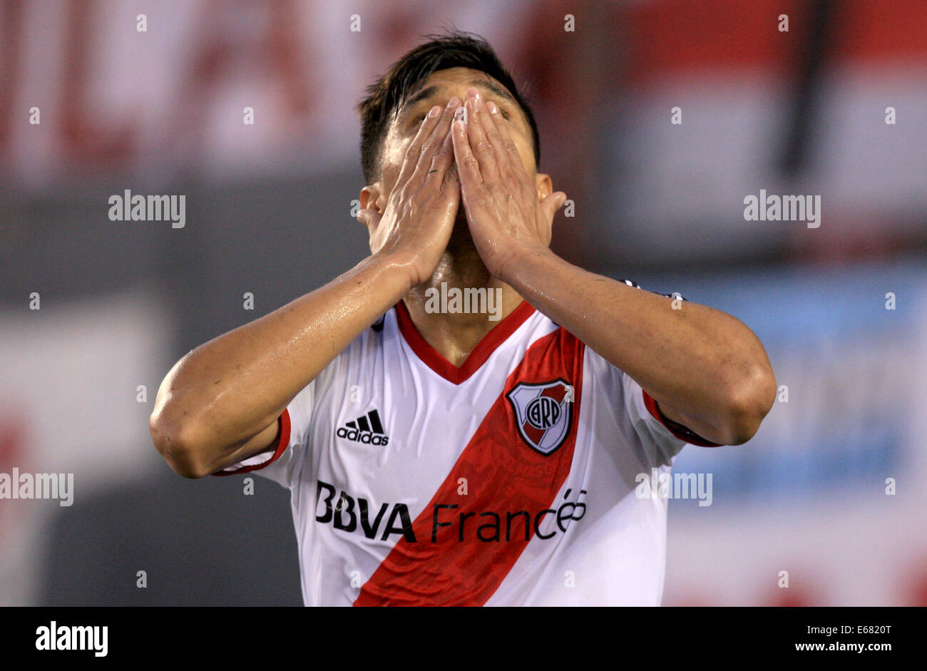 Buenos Aires, Argentina. 17th Aug, 2014. Teofilo Gutierrez of River Plate celebrates a goal during the match of week 2 of the First Division of Argentinean Soccer Tournament against Rosario Central, in the Antonio Vespucio Liberti Stadium, in the city of Buenos Aires, capital of Argentina, on Aug. 17, 2014. Credit:  Martin Zabala/Xinhua/Alamy Live News Stock Photo