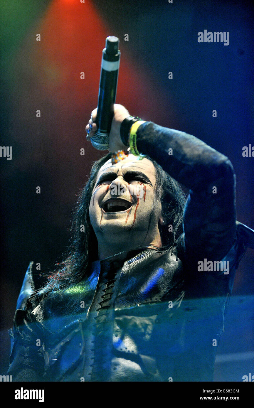 Cradle of Filth band performed live during Music festival Trutnoff in Trutnov, Czech Republic on August 15, 2014. Singer Dani Firth pictured. (CTK Photo/Josef Vostarek) Stock Photo