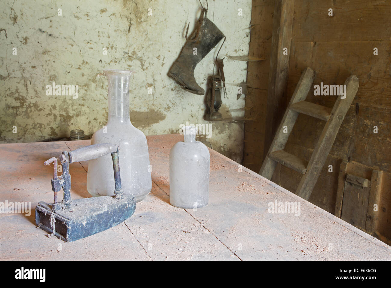 Old chamber object - flat iron and flasks Stock Photo