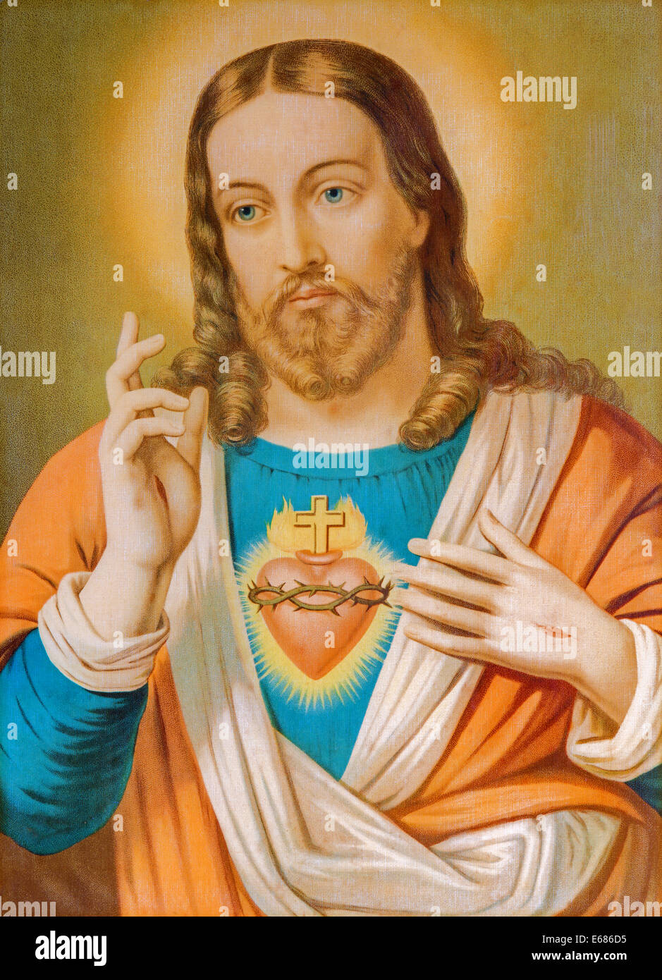 SEBECHLEBY, SLOVAKIA - JULY 30, 2014: Copy of typical catholic image of heart of Jesus Christ from Slovakia printed in 19. cent. Stock Photo