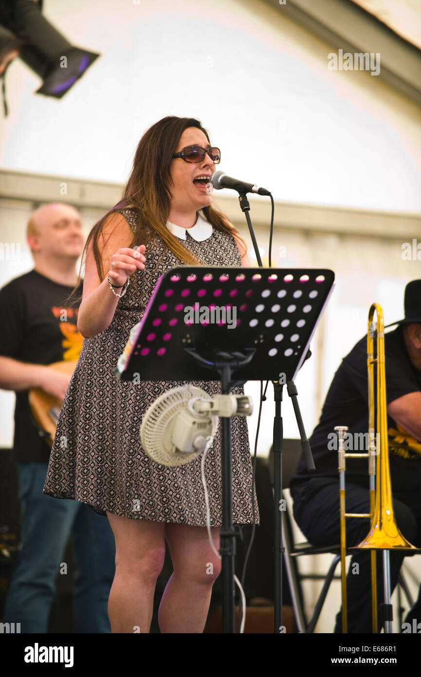 Live music female singer with Mike Harries Roots Doctors band on stage at Brecon Jazz Festival 2014 Stock Photo