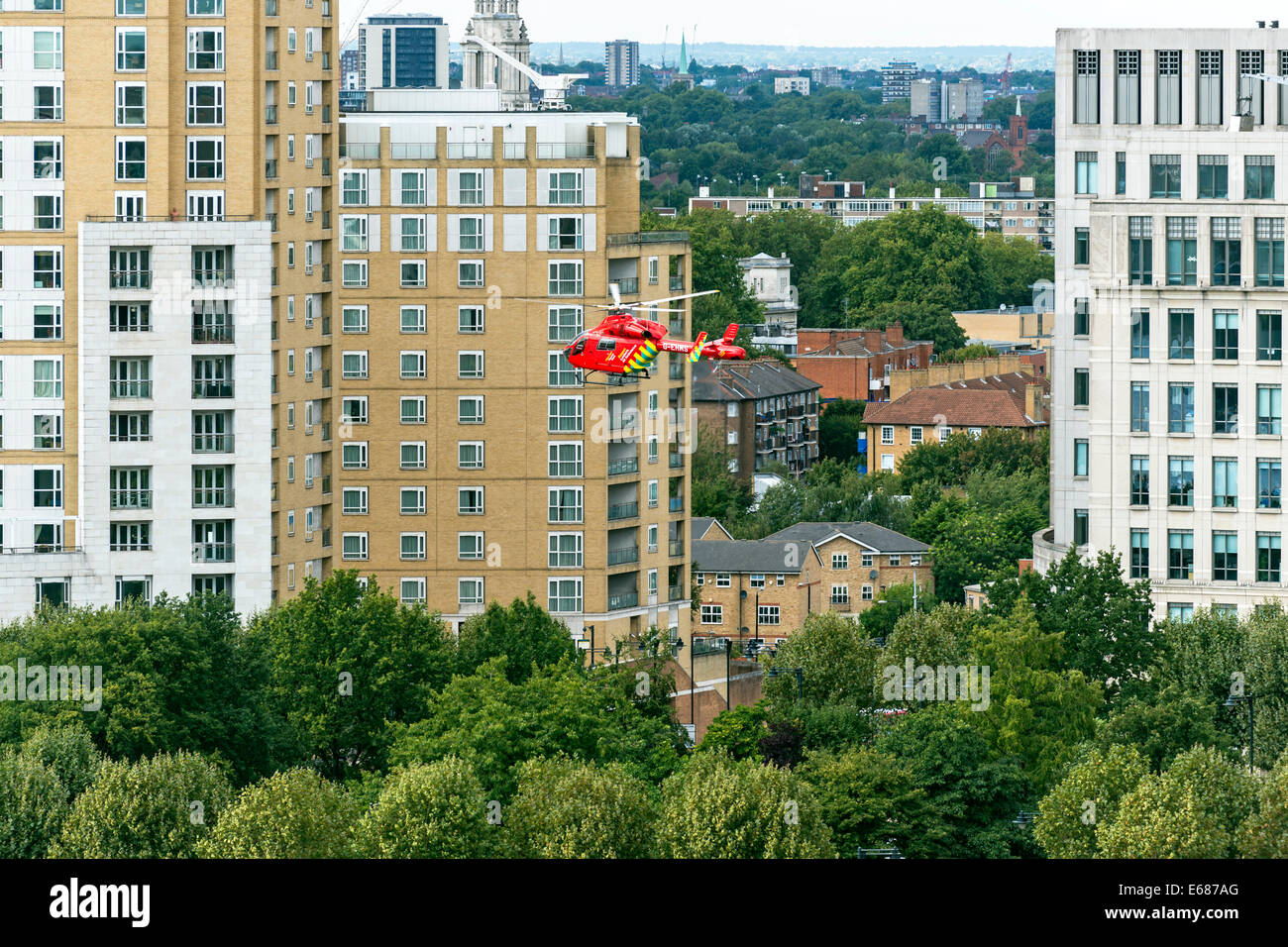London Air Ambulance Responding to an Emergency,  Landing in Westferry Circus, London, E14, UK Stock Photo