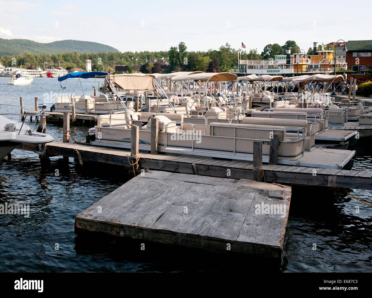 Docks and boats parked in Lake George, New York state Adirondack region. Stock Photo