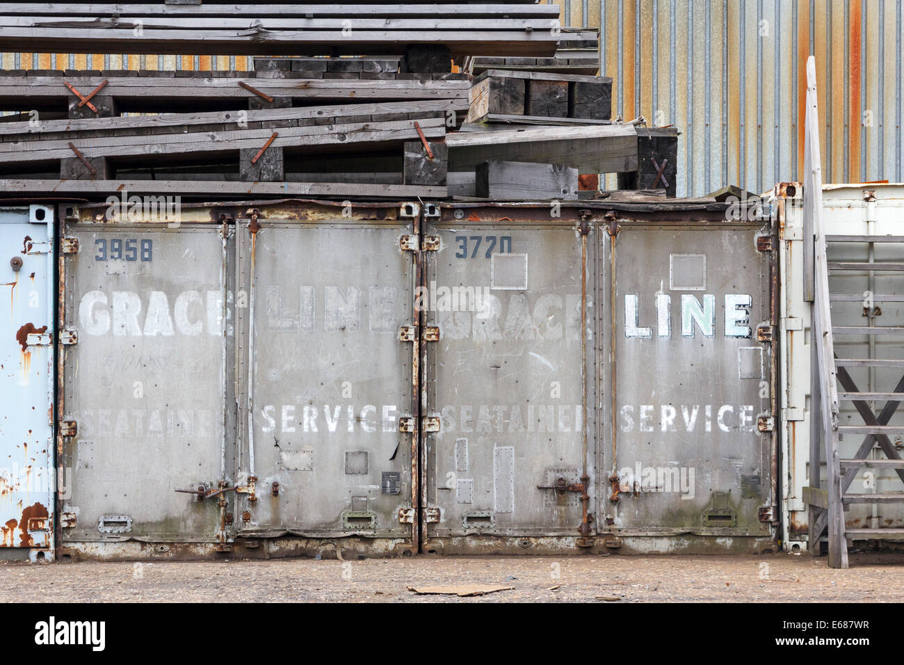 Worn and weathered industrial equipment at a shipyard. Stock Photo