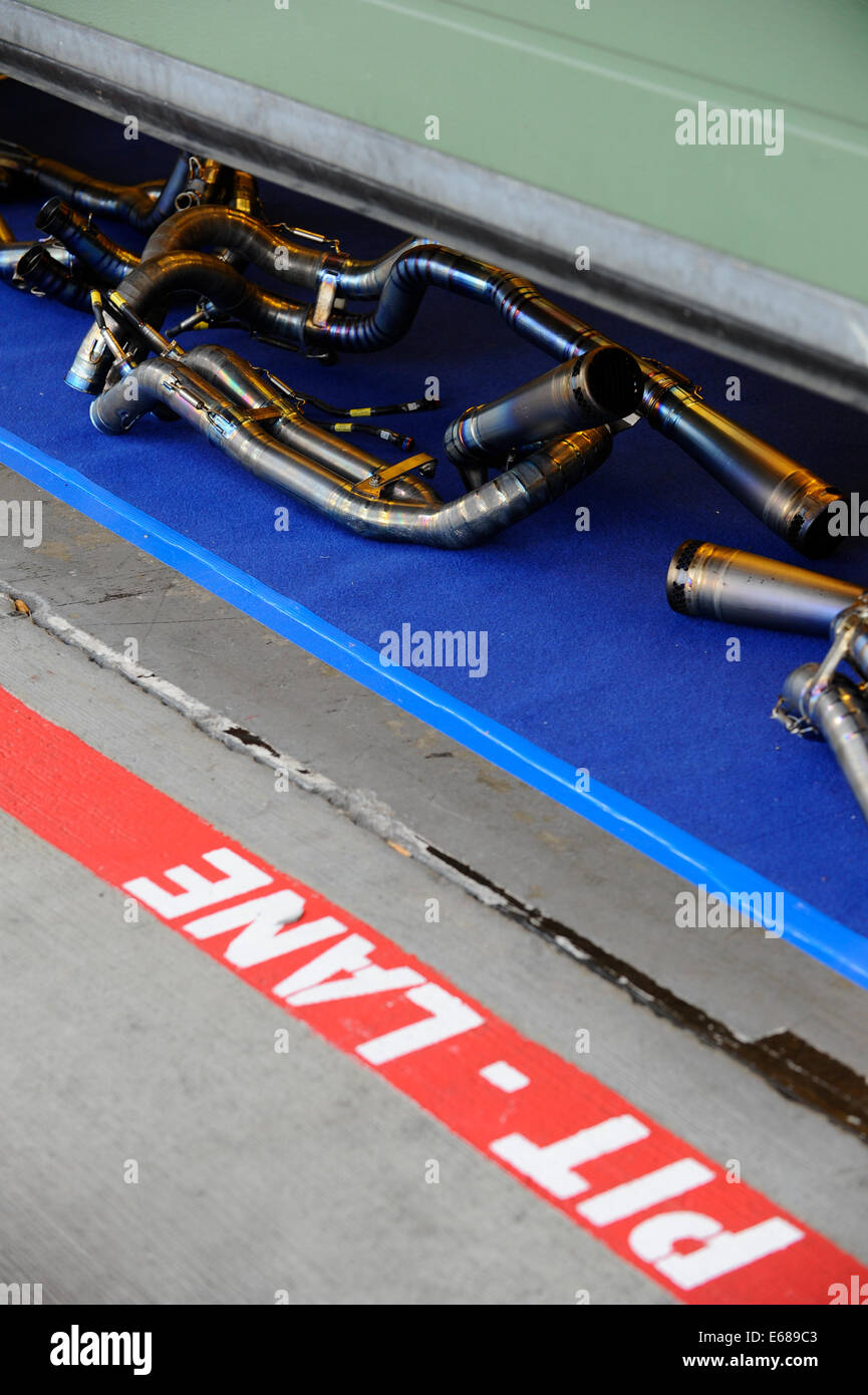 PIT - LINE is seen during qualifying for the Czech Republic motorcycle Grand Prix Moto 2 race at the Brno Circuit, Czech Republic, Saturday, Aug. 16, 2014. (CTK Photo/Vaclav Salek) Stock Photo
