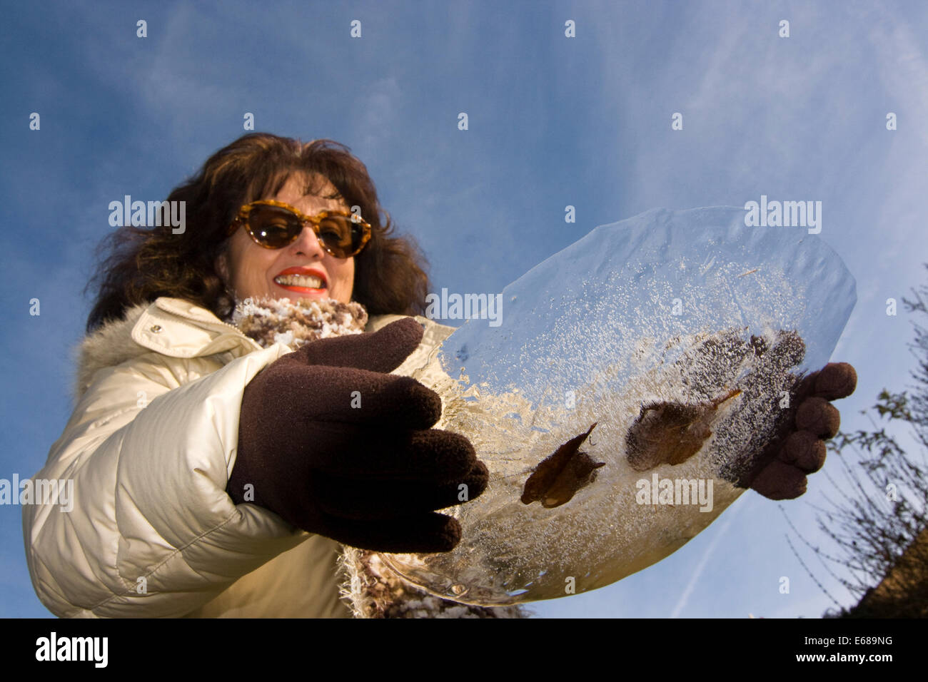 eine Frau betrachtet die Eisscheibe einer Pfütze mit eingefrorenen Laub-Blättern, Kunstwerk der Natur+ woman holding a frozen sheet of ice with leaves Stock Photo