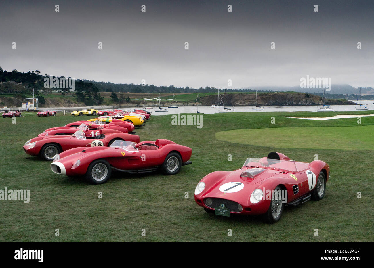 California, US. 17th Aug, 2014. Group of Ferrari Testa Rossa sports racing cars from 1950's and 60's gathered together on display at 2014 Pebble Beach Concours. Credit:  Martyn Goddard/Alamy Live News Stock Photo