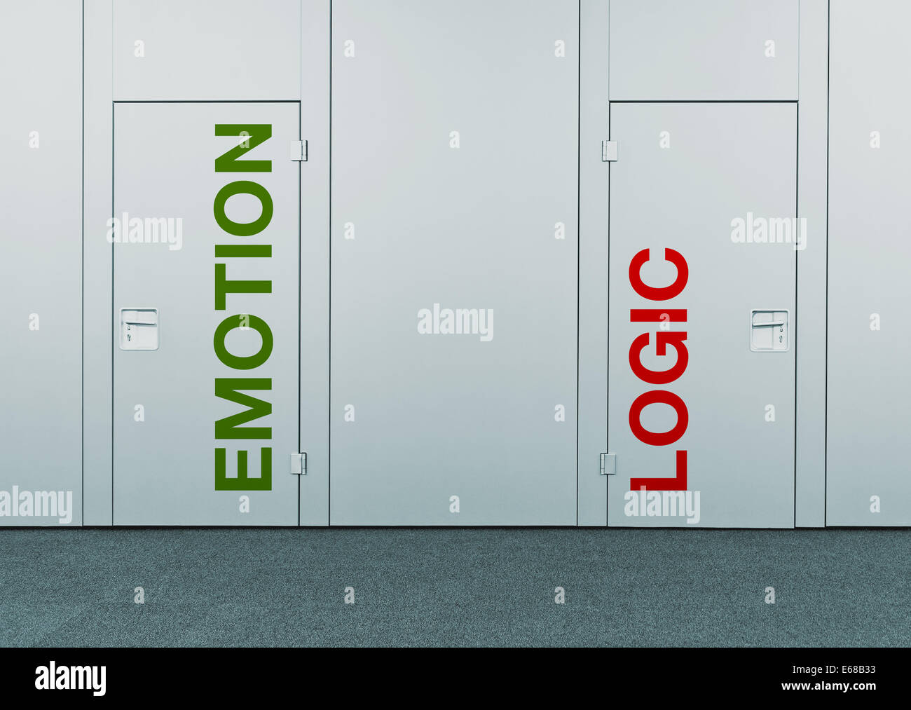 Emotion or logic, concept of choice. Closed doors with printed marks as concept of decision making, options, strategy. Stock Photo