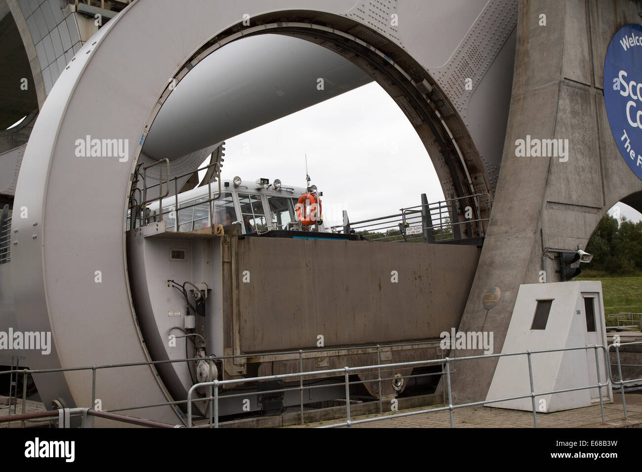 The Falkirk Wheel is a rotating boat lift connecting the Forth and Clyde Canal with the Union Canal, Scotland Stock Photo